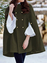 Aurohaya Elegant Wool Poncho Coat for Women, Double Breasted, Long Sleeve, Army Green Cape